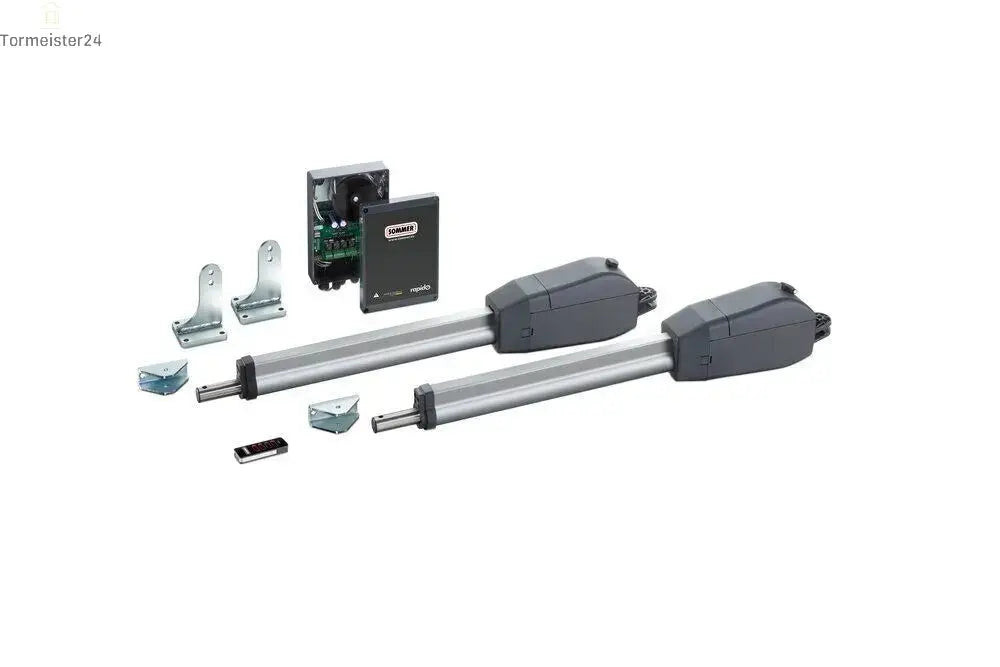 SOMMER twist 350 Drehtorantrieb Set für zweiflügelige Hoftore bis 4 m oder 700 kg je Torflügel mit DTA-1 Steuerung, SOMloq2 Funktechnik, Handsender, Softlauf und Gehtürfunktion.