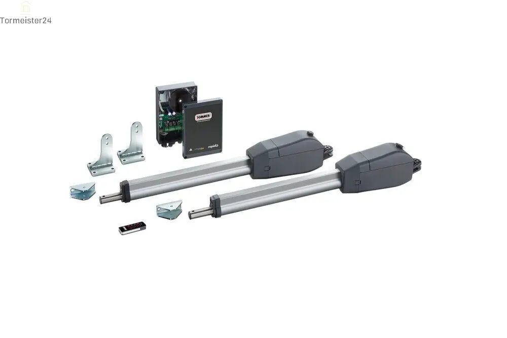 Zweiflügeliges Einfahrtstor mit elektrischem Drehtorantrieb, Lichtschranke und Handsender als komfortable Torlösung von Tormeister24.