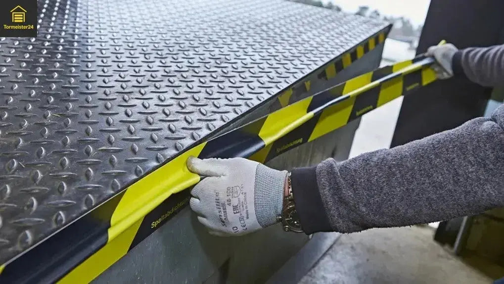 Magnetische DockMag Spaltabdichtung an einer Verladerampe mit schwarz-gelber Warnoptik gegen Zugluft, Staub und Energieverlust