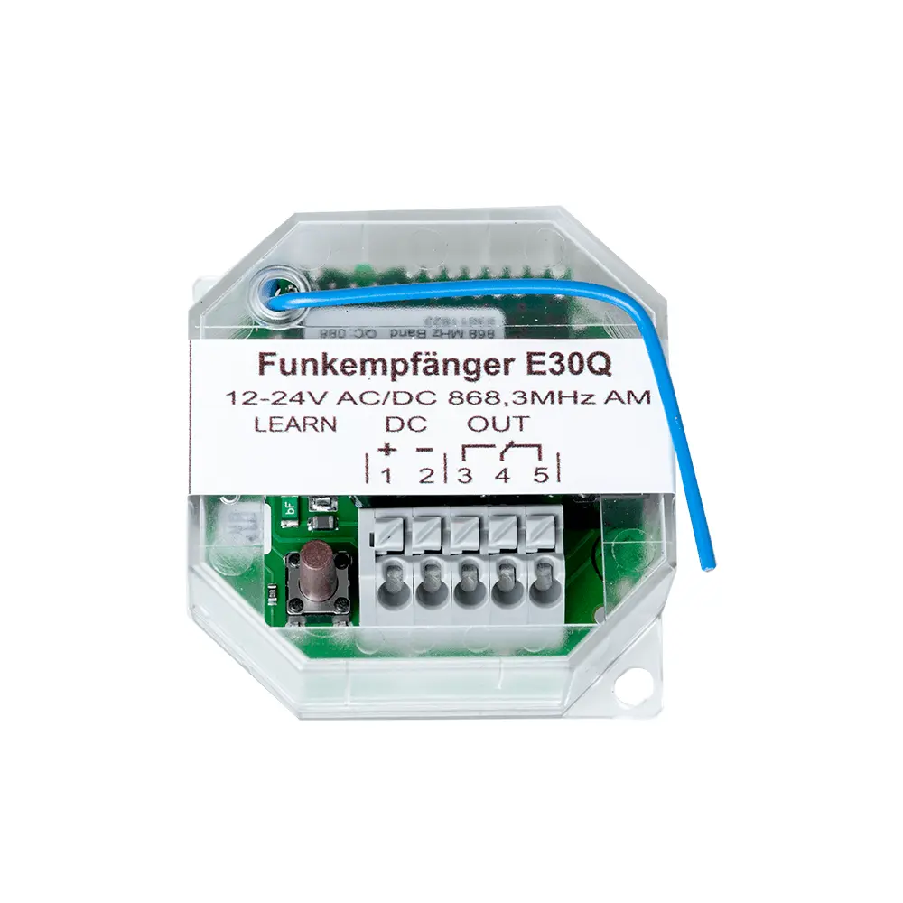 Funkempfänger 1-Kanal 868 MHz für Toranlagen
Empfänger 868 MHz 1-Kanal 12–24 V AC/DC
Garagentor Empfänger 1-Kanal 25 Speicherplätze
Universal Funkempfänger 868 MHz für Handsender
Empfänger 1-Kanal Torsteuerung kompatibel 868 MHz
Ersatz Empfänger 1-Kanal 868 MHz Funksteuerung
Kompakter Empfänger 868 MHz mit 25 Speicherplätzen
Funkempfänger 1-Kanal 868 MHz für Fremdsysteme
Steuerungsempfänger Toranlage 1-Kanal 868 MHz
Funkempfänger Zubehör 868 MHz 12–24 V