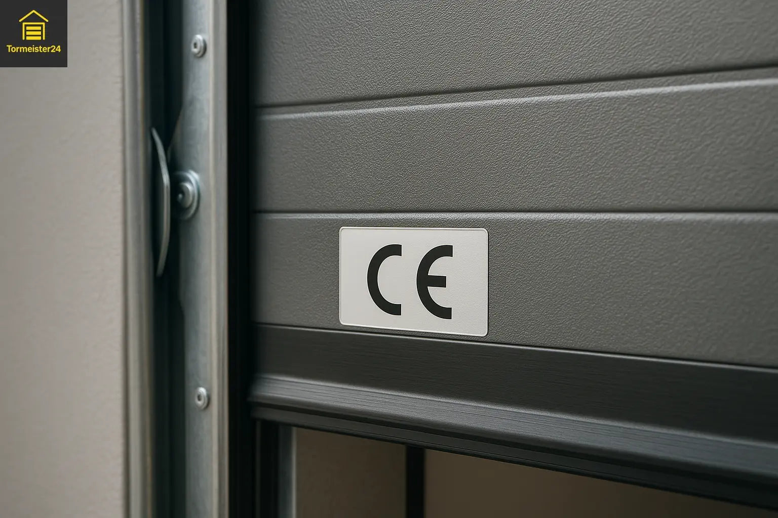 Ultrarealistische Nahaufnahme eines Garagen-Sektionaltores mit CE-Kennzeichnungs-Aufkleber auf der Innenseite