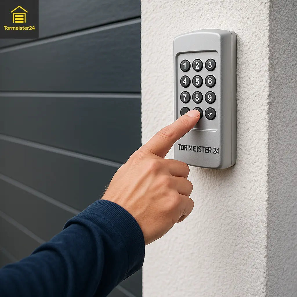 Familie nutzt Garagentor mit Funk-Codetaster-Eingabe