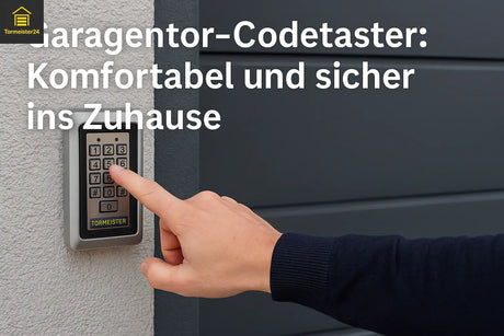 Person tippt einen PIN-Code auf einem Codetaster neben dem Garagentor ein