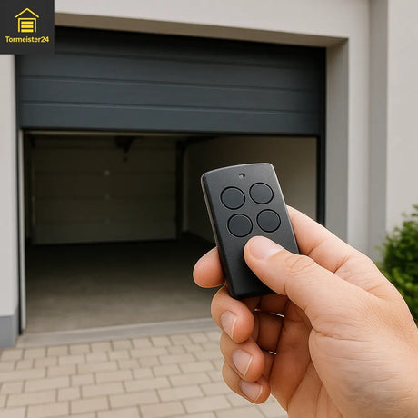 Person hält neuen Handsender vor geöffnetes Garagentor