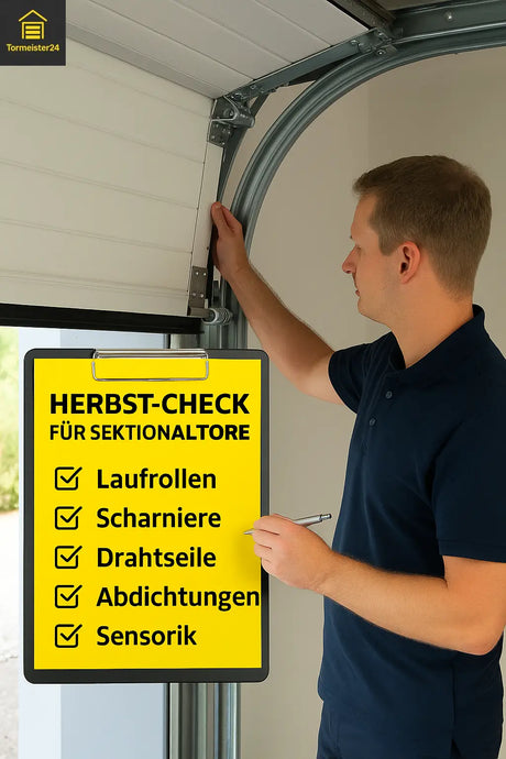 Tormeister 24 Techniker führt Herbst-Check an Sektionaltor durch