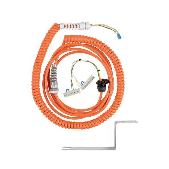 Spiralkabel am Industrie-Sektionaltor zur Signalübertragung zwischen beweglichem Torblatt, Torblatt-Anschlussdose, Optosensor, Kontaktleiste und Torsteuerung bei Schließkantensicherung.